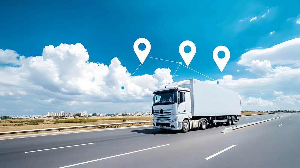 Truck on the road with location markers representing GPS tracking.