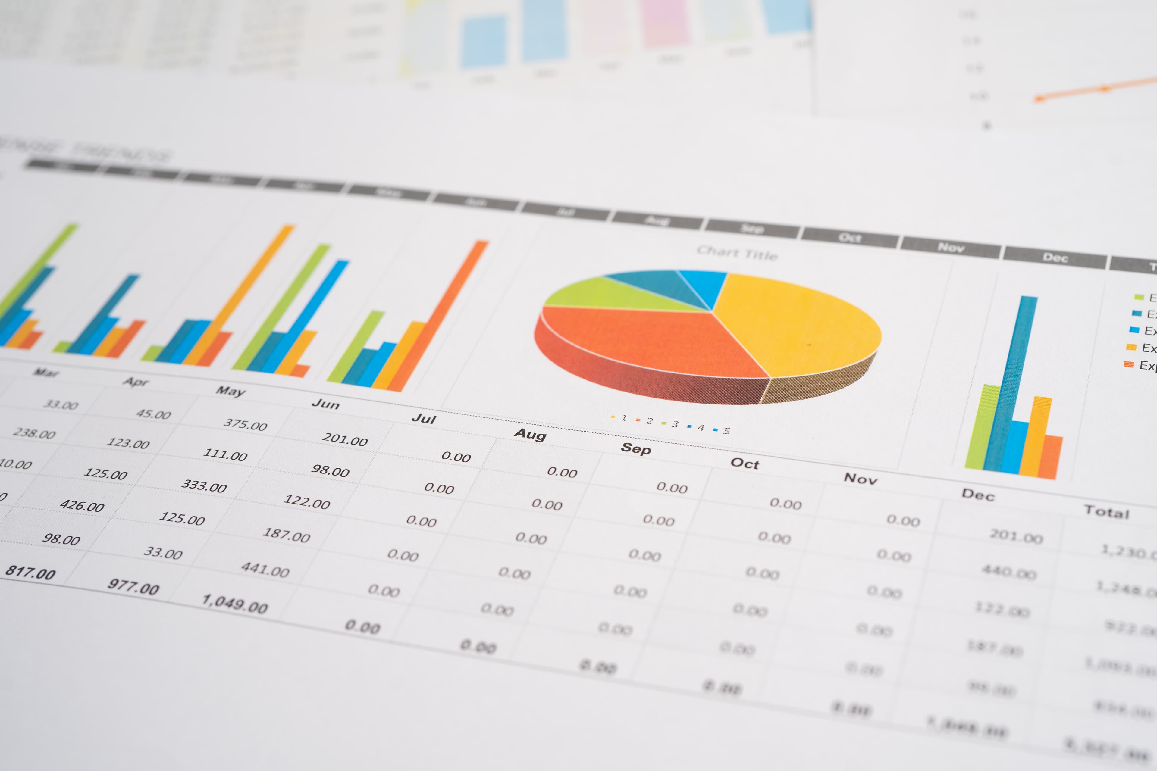 Business report with a table and charts for data analysis.